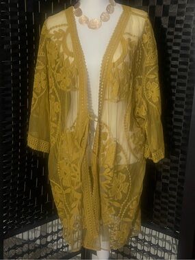 Umgee Mustard Yellow Sheer Embroidered Kimono